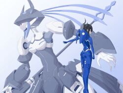  1girl absurdres asymmetrical_horns black_hair blue_hair blush bodysuit breasts colored_inner_hair darling_in_the_franxx demon_horns hair_ornament highres hololive hololive_english horns large_breasts long_hair looking_at_viewer mole mole_under_eye multicolored_hair multiple_girls nerissa_ravencroft red_eyes robot_girl shirt smile solo two-tone_hair uneven_horns very_long_hair virtual_youtuber voldox 