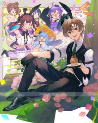  >_< 1boy 5girls :d ^_^ animal_ear_hairband animal_ears arm_belt belt belt_buckle black_gloves black_hairband black_pants black_shoes black_vest blue_eyes blue_hair blush brown_eyes brown_hair buckle cevio closed_eyes collared_shirt commentary_request fake_animal_ears fork gloves green_necktie hairband happy_birthday highres holding holding_fork holding_tray kotonoha_aoi male_playboy_bunny midriff multiple_girls natsuki_karin navel necktie pants purple_hair rabbit_ears satou_sasara shirinda_fureiru shirt shoes sitting smile solo_focus suzuki_tsudumi sweat synthesizer_v takahashi_amato tray vest vocaloid voiceroid white_shirt yuzuki_yukari 
