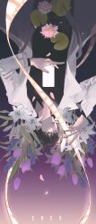  1boy 2025 :o absurdres black_eyes black_hair black_shirt blue_flower bud coat cowboy_shot falling_petals film_reel flower grape_hyacinth highres holding holding_phone hyacinth infinity_symbol kim_dokja leaf lily_(flower) lily_pad lp_(sangkuranak) male_focus omniscient_reader&#039;s_viewpoint open_clothes open_coat parted_lips petals phone popped_collar purple_flower purple_tulip shirt short_hair solo tulip upside-down water_lily_flower white_coat white_flower white_lily 