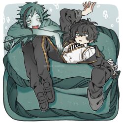  1boy 1girl :o ahoge air_bubble aqua_hair aqua_skin arm_fins arm_ribbon arm_up black_hair black_pants black_shoes blazer blue_eyes blunt_ends border bubble choppy_bangs coiled collared_shirt colored_skin crossdressing crossdressing_(ftm) crossed_arms diagonal-striped_clothes diagonal-striped_necktie dot_nose earrings eel_boy facial_mark fingernails fins floyd_koebito floyd_leech floyd_leech_(eel) full_body gold_trim grey_background grey_eyes grin hair_between_eyes hair_intakes head_fins heterochromia highres jacket jewelry knees_up lapels loafers long_fingernails looking_at_another monster_boy multicolored_hair multiple_boys necktie night_raven_college_school_uniform notched_lapels open_clothes open_jacket open_mouth oversized_clothes pants parted_bangs parted_lips raised_eyebrows reverse_trap ribbon scales school_uniform sharp_teeth shirt shoes short_hair simple_background sleeves_rolled_up smile streaked_hair striped_clothes striped_ribbon stud_earrings tareme teeth twisted_wonderland twitter_username v-shaped_eyebrows very_short_hair vest waistcoat wavy_hair white_border white_shirt white_vest yellow_eyes yuu_(twisted_wonderland) 