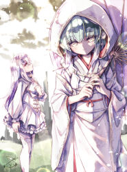  2girls absurdres blush chihaya_(clothing) closed_mouth dragon_girl dress fate/grand_order fate_(series) green_eyes highres holding holding_umbrella japanese_clothes kimono kiyohime_(fate) long_hair long_sleeves looking_at_viewer looking_up melusine_(fate) multiple_girls oil-paper_umbrella parted_lips shiromuku smile thigh-highs uchikake umbrella wedding_dress white_dress white_hair white_kimono white_thighhighs wide_sleeves xixetaria yellow_eyes 