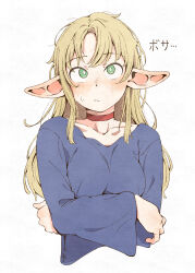  1girl alternate_hairstyle blonde_hair blue_shirt blush breasts choker closed_mouth collarbone commentary cropped_torso crossed_arms dungeon_meshi eitopondo elf frown green_eyes highres long_hair looking_at_viewer marcille_donato medium_breasts messy_hair parted_bangs pointy_ears red_choker shirt simple_background solo sweatdrop translated upper_body white_background 