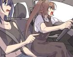  2girls ahoge bangs black_camisole blue_hair brmameng brown_hair camisole car_interior car_seat cellphone crop_top denim fang feather_hair_ornament feathers fingernails hair_intakes hair_ornament hololive hololive_english jeans long_hair multicolored_hair multiple_girls nanashi_mumei ouro_kronii overalls pants phone pointing ponytail shirt short_hair shouting steering_wheel streaked_hair t-shirt tank_top very_long_hair virtual_youtuber wide-eyed 