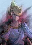  1boy bare_shoulders blonde_hair closed_mouth clothing_cutout collarbone commentary_request frown hair_over_one_eye highres jewelry looking_at_viewer male_focus necklace pokemon pokemon_(game) pokemon_legends:_arceus punico_(punico_poke) shiny shiny_hair shirt shoulder_cutout solo split_mouth upper_body volo_(pokemon) white_shirt 