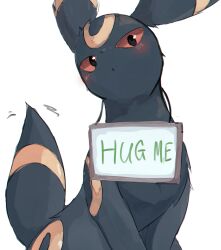  animal_focus black_fur blush closed_mouth colored_sclera english_text floameya highres looking_at_viewer no_humans pokemon pokemon_(creature) pokemon_focus red_eyes red_sclera sign sign_around_neck simple_background umbreon white_background 