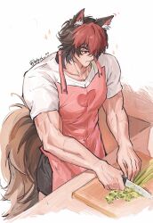  1boy animal_ear_fluff animal_ears apron baibian6665 black_hair black_male_underwear commentary_request highres holding holding_knife knife komano_manato male_focus male_underwear multicolored_hair multiple_scars pink_apron red_eyes red_hair scar scar_on_arm shirt short_hair simple_background solo tail twitter_username two-tone_hair underwear white_background white_shirt zenless_zone_zero 