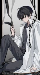  1boy black_eyes black_hair black_shirt coat feathers film_reel haseta_08 highres holding holding_feather kim_dokja knee_up light_frown looking_at_object male_focus omniscient_reader&#039;s_viewpoint on_ground open_clothes open_coat popped_collar shirt short_hair sitting solo white_coat 