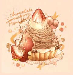  ^_^ blush_stickers chocolate closed_eyes commentary english_commentary food food_focus fruit happy highres mont_blanc_(food) nao_(bestrollever) napkin no_humans notice_lines open_mouth original pink_background simple_background smile sparkle strawberry strawberry_slice valentine 