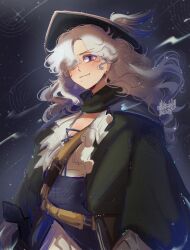  1girl :3 absurdres black_coat black_hat calamity_brezze coat corset curly_hair dark_background hair_over_one_eye hat highres long_hair mole mole_under_mouth official_alternate_costume one_eye_covered purple_corset reverse:1999 shirt solo upper_body violet_eyes white_hair white_shirt windsong_(reverse:1999) 