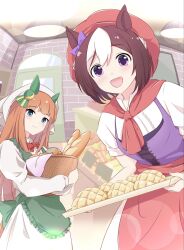  2girls animal_ears apron baguette bakery basket blue_eyes blunt_bangs blush bow bowtie braid bread brown_hair carrot closed_mouth display_case dress ear_bow ear_covers food funamori green_apron half_up_braid hat highres holding holding_basket holding_tray horse_ears horse_girl horse_tail indoors long_hair long_sleeves looking_at_viewer melon_bread multicolored_hair multiple_girls neckerchief open_mouth orange_hair pastry purple_bow red_apron red_bow red_bowtie red_neckerchief shop short_hair short_sleeves silence_suzuka_(umamusume) smile special_week_(umamusume) tail teeth tray two-tone_hair umamusume upper_teeth_only violet_eyes white_dress white_hair 