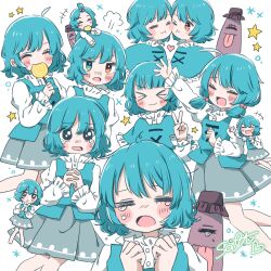  1girl absurdres blue_eyes blue_hair blue_skirt blue_vest candy food frilled_sleeves frills heart heterochromia highres holding holding_candy holding_food holding_lollipop juliet_sleeves karakasa_obake lollipop long_sleeves puffy_sleeves purple_umbrella red_eyes salt_(saltty) shirt skirt smile star_(symbol) tatara_kogasa tears touhou umbrella vest white_shirt 