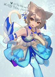  1boy animal_ear_fluff animal_ears arm_scarf bell black_pantyhose blue_collar blue_dress blue_scarf blue_thighhighs bluesky_username bow brown_hair cat_boy cat_ears cat_tail collar collarbone crossdressing crossdressing_(mtf) detached_sleeves dress felix_argyle floral_print_thighhighs frilled_dress frilled_sleeves frills hair_between_eyes hair_bow highres male_focus multiple_hair_bows neck_bell pantyhose re:zero_kara_hajimeru_isekai_seikatsu scarf short_dress short_hair solo striped_clothes striped_thighhighs tail thigh-highs tk_ky trap twitter_username two-tone_dress two-tone_thighhighs white_background white_bow white_dress white_sleeves white_thighhighs yellow_eyes 