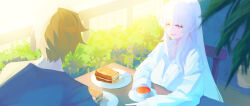  1boy 1girl absurdres arms_on_table black_shirt blue_archive bush chair commentary_request cup dress_shirt english_commentary food highres long_hair mixed-language_commentary morning noa_(blue_archive) okuta_rimu on_chair parted_lips plant plate ponytail potted_plant railing sandwich saucer sensei_(blue_archive) shirt sitting sunlight table teacup very_long_hair violet_eyes white_hair white_shirt 