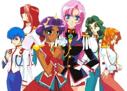  1990s_(style) 3boys 3girls aiguillette arisugawa_juri bishounen hasegawa_shin'ya highres himemiya_anthy kaoru_miki kiryuu_touga multiple_boys multiple_girls official_art retro_artstyle saionji_kyouichi scan shoujo_kakumei_utena tenjou_utena 