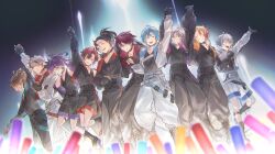  6+boys :d absurdres arm_up arms_up axel_syrios baggy_pants banzoin_hakka belt black_belt black_boots black_choker black_gloves black_hair black_jacket black_pants black_shirt black_shorts black_tank_top blonde_hair blue_hair boots braid brown_hair chest_belt choker chul_(pacifique) closed_eyes collared_jacket crimzon_ruze cropped_jacket dark-skinned_male dark_skin everyone fingerless_gloves gavis_bettel gloves glowstick goldbullet green_eyes grin happy highres holding_hands holostars holostars_english holostars_english_idol_uniform idol idol_clothes jacket josuiji_shinri jurard_t_rexford machina_x_flayon male_focus multicolored_hair multiple_belts multiple_boys octavio one_eye_closed outstretched_arm pants penlight_(glowstick) pink_hair purple_hair red_hair regis_altare shirt shorts side_braid single_braid sleeveless sleeveless_shirt smile streaked_hair tank_top v-neck virtual_youtuber white_belt white_jacket white_pants white_shorts 