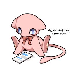 absurdres blue_eyes bow cellphone english_text full_body highres mew mew_(pokemon) no_humans now phone pokemon pokemon_(creature) pokemon_focus red_bow sevi_(seviyummy) simple_background sitting smartphone solo tail white_background