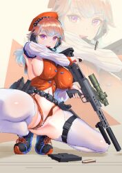  1girl bolt_action breasts crotch_zipper earrings feathers gun highres hololive hololive_english jewelry kfp long_hair multicolored_hair nenchi orange_hair panties rifle scope smile sniper_rifle takanashi_kiara underwear violet_eyes virtual_youtuber weapon zipper zipper_panties 