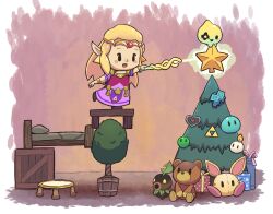  1girl :d aquabluu bed blonde_hair blush blush_stickers box bracelet brown_shoes character_doll chibi christmas_ornaments christmas_present christmas_tree circlet commentary crate deku_scrub doll dress english_commentary full_body gift gift_box gold_bracelet highres holding holding_staff hydrozol ignizol jewelry long_hair open_mouth piece_of_heart pillow princess_zelda shoes short_sleeves smile solid_oval_eyes staff standing standing_on_one_leg stuffed_animal stuffed_toy table teddy_bear the_legend_of_zelda the_legend_of_zelda:_echoes_of_wisdom trampoline tree tree-topper tri_(zelda) triforce wooden_table zol_(zelda) 