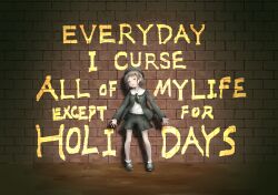  1girl alternate_costume beret black_hat black_jacket black_ribbon black_shoes black_shorts brick_wall brown_eyes brown_hair english_text graffiti hat hatoba_tsugu highres jacket long_sleeves looking_at_viewer mizumori_sekizai neck_ribbon open_hands open_mouth ribbon shirt shoes short_hair shorts smile sneakers solo spotlight standing tsugu_(vtuber) white_shirt wide_shot 