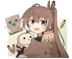  1girl 3others ahoge animal bangs bird brown_capelet brown_cloak brown_eyes brown_hair capelet cloak feather_hair_ornament feathers friend_(nanashi_mumei) gloves gyaheung hair_ornament hairclip holding holding_animal hololive hololive_english long_hair multicolored_hair multiple_others nanashi_mumei owl partially_fingerless_gloves penlight ponytail simple_background smile streaked_hair teardrop very_long_hair virtual_youtuber 