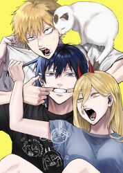  1girl 2boys a1hotetoku black_shirt blonde_hair blue_hair blue_shirt cat chainsaw_man commentary denji_(chainsaw_man) doodle_inset finger_in_another&#039;s_mouth grabbing_another&#039;s_hair hair_between_eyes hayakawa_aki highres holding_another&#039;s_hair horns lifting_another&#039;s_clothes meowy_(chainsaw_man) mouth_pull multiple_boys open_mouth power_(chainsaw_man) red_horns rolling_eyes sharp_teeth shirt simple_background sweat tears teeth upper_body white_cat white_shirt yellow_background yellow_eyes 