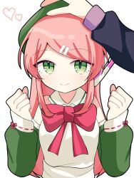  2girls apron bare_shoulders beret blush bow clenched_hands closed_mouth detached_sleeves dress green_eyes green_hat green_sleeves hair_ornament hairclip hat headpat heart long_hair looking_at_viewer momone_momo multiple_girls out_of_frame pink_hair red_bow robot_ears simple_background smile solo utane_uta utau w_arms white_apron white_background youguret37 
