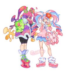  2girls ? black_jumpsuit blonde_hair blue_eyes blue_hair blue_skirt bow-shaped_bag choker coat collared_sweater fairy_miku_(project_voltage) flourrin flower full_body gloves gradient_coat green_sleeves grin hair_flower hair_ornament hatsune_miku heart heart_choker highres jumpsuit long_hair long_sleeves looking_at_viewer loose_socks multicolored_coat multicolored_hair multiple_girls neckerchief pink_bag pink_choker pink_gloves pink_hair pink_nails pink_shoes pink_sweater platform_shoes poison_miku_(project_voltage) pokemon project_voltage purple-tinted_eyewear purple_coat purple_hair red_flower scrunchie see-through_clothes see-through_footwear shoes short_jumpsuit simple_background skirt smile socks standing sweater tinted_eyewear twintails two-tone_hair violet_eyes vocaloid white_background white_neckerchief wrist_scrunchie yellow_flower 