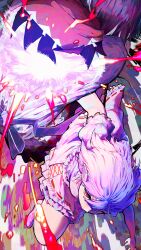  2girls absurdres ascot attack bat_wings black_hair blue_hair energy energy_ball floating_hair frilled_skirt frilled_sleeves frills highres horns kijin_seija motion_blur multicolored_hair multiple_girls pink_shirt pink_skirt pointy_ears power_symbol puffy_short_sleeves puffy_sleeves red_ascot red_eyes remilia_scarlet shirt short_sleeves skirt small_horns streaked_hair touhou wings yuara 