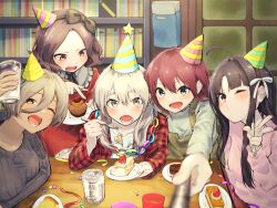  5girls ahoge asahi_breweries awa_subaru ayataka_syumimi black_bow black_hairband black_ribbon blue_eyes blush bookshelf bow brand_name_imitation brown_eyes brown_hair brown_overalls cake collarbone commentary_request confetti dress ebizuka_tomo food fork fruit girls_band_cry grey_eyes grey_hair grey_sweater hair_between_eyes hair_bow hair_ribbon hairband hat highres holding holding_fork holding_plate indoors iseri_nina jacket kawaragi_momoka long_hair long_hair_between_eyes lower_teeth_only mole mole_under_eye multicolored_hair multiple_girls neck_ribbon one_eye_closed open_clothes open_jacket overalls parted_bangs party_hat pink_sweater plaid_clothes plaid_jacket plate red_dress red_eyes red_hair red_jacket ribbon roots_(hair) rupa_(girls_band_cry) selfie selfie_stick shirt short_hair sidelocks strawberry sweater teeth togenashi_togeari violet_eyes w white_ribbon white_shirt 