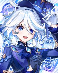  1girl 3others ahoge aqua_eyes aqua_hair black_gloves blue_eyes drop-shaped_pupils fish furina_(genshin_impact) genshin_impact gentilhomme_usher gloves hat hermit_crab heterochromia highres iruiru_popopo long_hair long_sleeves looking_at_viewer mademoiselle_crabaletta mismatched_pupils multiple_others octopus open_mouth seahorse smile surintendante_chevalmarin symbol-shaped_pupils top_hat white_gloves white_hair 