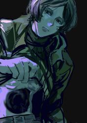  1boy absurdres backlighting black_background blank_stare coat_guy_(no_i&#039;m_not_a_human) green_sweater highres hole_in_stomach hole_on_body lifting_own_clothes looking_at_viewer no_i&#039;m_not_a_human ribbed_shirt shirt short_hair solo sousakuoharu sweater 