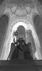  1girl closed_mouth commentary_request curly_hair dress full_body greyscale head_wings highres holding holding_scepter indoors long_dress long_hair looking_ahead melia_antiqua monochrome scepter solo standing suminokillgi throne wings xenoblade_chronicles_(series) xenoblade_chronicles_3 