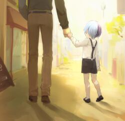  2boys aged_down amin_(aminblue) aoyagi_touya belt blue_hair commentary father_and_son from_behind highres holding_hands long_sleeves male_focus multicolored_hair multiple_boys outdoors pants project_sekai short_hair shorts socks split-color_hair sunlight suspenders symbol-only_commentary walking 