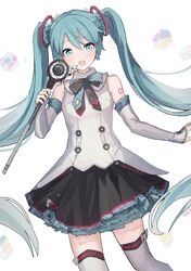  1girl absurdres black_skirt blue_eyes blue_hair blue_nails blush collar elbow_gloves fingerless_gloves frilled_skirt frills gloves hatsune_miku highres magical_mirai_(vocaloid) microphone_wand shiratakiseaice skirt smile solo twintails vocaloid white_gloves 