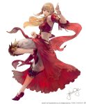  1girl artist_name bangs bare_shoulders blonde_hair blue_eyes bracelet clenched_hand clothing_cutout copyright copyright_name detached_sleeves dress earrings fighting_stance final_fantasy final_fantasy_xiv floating_hair full_body hand_up highres jewelry leg_up long_hair looking_at_viewer lyse_hext mogi_yuusuke monk_(final_fantasy) official_art open_mouth ponytail red_dress red_footwear salute shoes shorts sidelocks signature single_earring solo standing standing_on_one_leg stomach_cutout transparent_background two-finger_salute white_shorts 