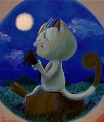  animal_focus cat coin full_moon guitar gyura holding holding_guitar holding_instrument instrument meowth moon night night_sky no_humans on_tree_stump open_clothes open_mouth outdoors pokemon pokemon_(anime) pokemon_(classic_anime) pokemon_(creature) pokemon_focus sky tail 