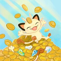  :3 artist_request bottle_cap closed_eyes coin evolution_stone fangs gem gold gold_bottle_cap_(pokemon) gold_coin koban_(gold) meowth no_humans official_art open_mouth outline pokemon pokemon_(creature) pokemon_focus pokemon_tcg pokemon_tcg_pocket smile solo_focus third-party_source thunder_stone water_stone white_outline 