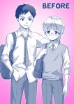  2boys absurdres bag before_and_after english_text glasses happy headpat height_difference highres kaneko_naoya looking_at_another mole mole_under_eye multiple_boys necktie original pants pink_background school_bag school_uniform shirt short_hair simple_background smile source_request standing white_shirt 