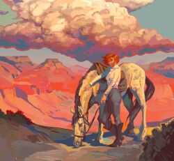  1girl above_clouds animal black_boots blue_sky boots clouds cloudy_sky commission dairy_pope day denim grey_pants highres holding holding_reins horse jeans landscape mountain mountainous_horizon nature neal_d._anderson outdoors pants reins rural saddle scenery shirt sky white_horse white_shirt 