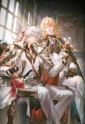  2boys aiming aiming_at_viewer alcohol belt belt_buckle black_belt black_coat black_gloves black_shirt blonde_hair buckle coat coat_on_shoulders collared_coat collared_shirt commentary crossed_bangs cup drinking_glass flower food fruit gloves green_eyes grey_jacket grey_pants grin gun hair_intakes hair_over_one_eye hair_ribbon hand_up handgun hata_(ohataa0) highres holding holding_cup holding_gun holding_weapon honkai:_star_rail honkai_(series) indoors jacket jing_yuan kitchen_knife knife lapels light_particles long_hair long_sleeves looking_at_viewer loose_necktie luocha_(honkai:_star_rail) male_focus multiple_boys necktie one_eye_covered open_clothes open_jacket open_mouth pants parted_bangs parted_lips partially_fingerless_gloves picture_frame pink_flower pinstripe_jacket pinstripe_pants pinstripe_pattern pomegranate ponytail purple_flower red_flower red_necktie red_ribbon red_wine ribbon shirt sitting smile symbol-only_commentary table tablecloth thigh_belt thigh_strap two-sided_coat two-sided_fabric vest weapon white_flower white_hair white_jacket white_pants white_vest window wine wooden_table yellow_eyes 