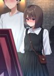  1boy 1girl arms_behind_back bag black_hair blurry blurry_foreground blush bob_cut brown_hair commentary couple dress faceless faceless_male handbag highres indoors kiona_(giraffe_kiona) medium_hair original pinafore_dress short_hair sweat violet_eyes 