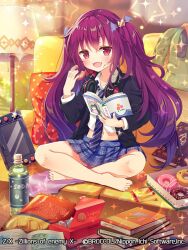  1girl bag_of_chips bat_hair_ornament black_jacket blue_skirt book copyright_notice couch cropped_shirt doughnut fang food food_on_face game_console hair_ornament headphones headphones_around_neck holding holding_donut holding_food indian_style indoors jacket lampshade long_hair looking_at_viewer midriff navel nei_(z/x) official_art on_couch open_book open_mouth plastic_bottle red_eyes red_hair school_uniform serino_itsuki shirt sitting skirt solo sparkle twintails white_shirt z/x 