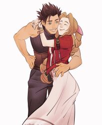  1boy 1girl aerith_gainsborough arms_around_neck bare_shoulders black_hair blue_eyes bracelet braid braided_ponytail brown_hair cheek-to-cheek closed_eyes closed_mouth couple crisis_core_final_fantasy_vii dress feet_out_of_frame final_fantasy final_fantasy_vii final_fantasy_vii_remake hair_ribbon hand_on_another's_hip hand_on_own_hip heads_together highres hug jacket jewelry long_hair looking_at_another parted_bangs parted_lips pink_dress pink_ribbon ponytail red_jacket ribbon short_hair sleeveless sleeveless_turtleneck smile spiky_hair sweater sylvthea turtleneck turtleneck_sweater white_background zack_fair 