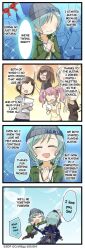 4koma 6+girls bang_dream! blue_hair blush comic english_text faceless faceless_female glasses green_jacket guitar hazawa_tsugumi hikawa_hina hikawa_sayo holding_instrument holding_paper jacket maruyama_aya official_art open_clothes open_jacket shirasagi_chisato siblings sisters speech_bubble tears translated twintails yamato_maya