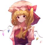  1girl ascot bangs blonde_hair blush bow breasts brown_ascot closed_mouth collared_shirt crystal eyebrows_visible_through_hair flandre_scarlet frills hat hat_bow highres jewelry looking_down mob_cap moshihimechan multicolored_wings one_side_up pink_headwear pink_shirt puffy_short_sleeves puffy_sleeves red_bow red_eyes red_vest shirt short_hair short_sleeves simple_background small_breasts solo touhou upper_body vest white_background wings 