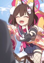  1girl 1other :d ^_^ absurdres animal_ear_fluff animal_ears black_gloves black_sailor_collar black_skirt blue_archive blue_sky blurry blush brown_hair building cherry_blossom_print closed_eyes clouds commentary cowboy_shot day depth_of_field eyeshadow facing_another fangs fishnet_thighhighs fishnets floral_print floral_print_kimono foreshortening fox_ears fox_girl fox_hair_ornament fox_tail fuhao10708 gloves hair_between_eyes hair_ornament halo hands_up happy highres imminent_hug izuna_(blue_archive) japanese_clothes kimono kunai leg_up makeup medium_hair miniskirt neckerchief ninja one_side_up open_mouth outdoors outstretched_arms partially_fingerless_gloves pink_eyeshadow pink_halo pink_kimono pink_neckerchief pink_scarf pleated_skirt pom_pom_(clothes) pom_pom_hair_ornament print_kimono running sailor_collar scarf school_uniform sensei_(blue_archive) serafuku shirt side_ponytail single_bare_shoulder single_thighhigh skirt sky sleeveless sleeveless_shirt smile solo_focus standing standing_on_one_leg tail tail_raised teeth thigh-highs thigh_strap tongue weapon weapon_in_garters white_shirt 