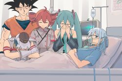  1boy 4girls absurdres aqua_hair aqua_necktie armband bed black_hair black_hat black_sleeves blue_shirt cardiogram closed_eyes closed_mouth commentary covering_own_mouth crossover detached_sleeves dragon_ball dragon_ball_z dress drill_hair ears_down english_commentary gloves gold_ship_(umamusume) grey_dress grey_gloves grey_hair grey_shirt hair_ornament hair_ribbon hat hatsune_miku highres hospital_bed hospital_gown indoors intravenous_drip jumpsuit kasane_teto layered_sleeves leaning_forward leaning_on_person long_hair long_sleeves looking_at_viewer medium_hair microsoft_windows multiple_crossover multiple_girls myticalcat necktie orange_jumpsuit oxygen_mask pillbox_hat red_dress red_hair ribbon sad shirt short_hair short_over_long_sleeves short_sleeves sleeveless sleeveless_dress sleeveless_shirt smile son_goku spiky_hair tearing_up twin_drills twintails umamusume under_covers utau v_arms very_long_hair vocaloid white_ribbon windows_10 