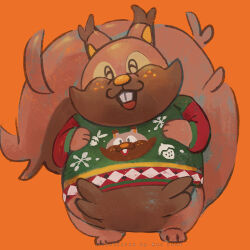  artist_name christmas_sweater clothed_pokemon commentary_request full_body greedent looking_at_viewer mei_ford no_humans open_mouth orange_background pokemon pokemon_(creature) simple_background solo squirrel 