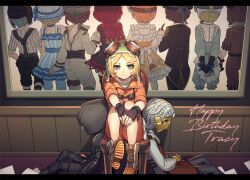  1girl aviator_cap aviator_goggles black_gloves blonde_hair character_name facing_away facing_viewer fingerless_gloves frown gloves goggles goggles_on_headwear green_eyes hands_on_own_knees happy_birthday identity_v jumpsuit looking_to_the_side orange_jumpsuit sansai_toritori short_hair sitting straight-on sweater tracy_reznik tracy_reznik_(bear_girl) tracy_reznik_(candy_girl) tracy_reznik_(cunning_smile_disease) tracy_reznik_(puppeteer) tracy_reznik_(re-swim) turtleneck white_sweater 