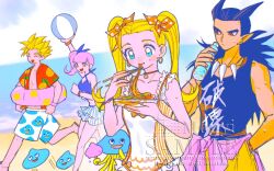  2boys 2girls antenna_hair aqua_eyes artist_name ball bare_shoulders beach beachball black_hair blonde_hair blue_shirt blue_tank_top blunt_bangs bottle braid breasts choker chopsticks closed_eyes crop_top dragon_quest dragon_quest_builders_2 earrings eating female_builder_(dqb2) food food_print fruit_print hair_ribbon hand_in_pocket hawaiian_shirt highres holding holding_ball holding_bottle holding_chopsticks holding_swim_ring hoop_earrings jewelry low_twintails male_builder_(dqb2) male_swimwear man_o'_war_(dragon_quest) medium_breasts mouyi multiple_boys multiple_girls necklace noodles ocean one-piece_swimsuit open_mouth orange_eyes pants pineapple_print pink_hair pointy_ears polka_dot polka_dot_ribbon print_male_swimwear red_eyes red_shirt ribbon ruru_(dqb2) sample_watermark sandals shirt short_hair side_ponytail sidoh_(dqb2) skirt slime_(dragon_quest) smile spiky_hair striped_clothes striped_skirt sweat swim_ring swimsuit tank_top tooth_necklace twin_braids twintails watermark white_one-piece_swimsuit yellow_pants 